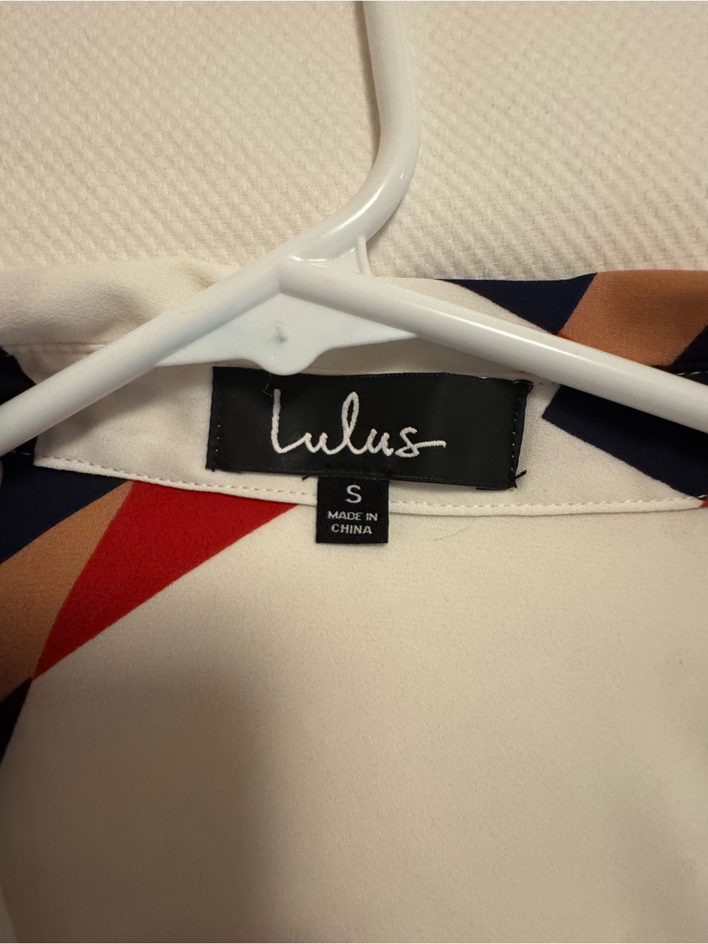 Lulu's White Geometric Print Blouse with Red, Navy & Tan Accents - Picture 3 of 6